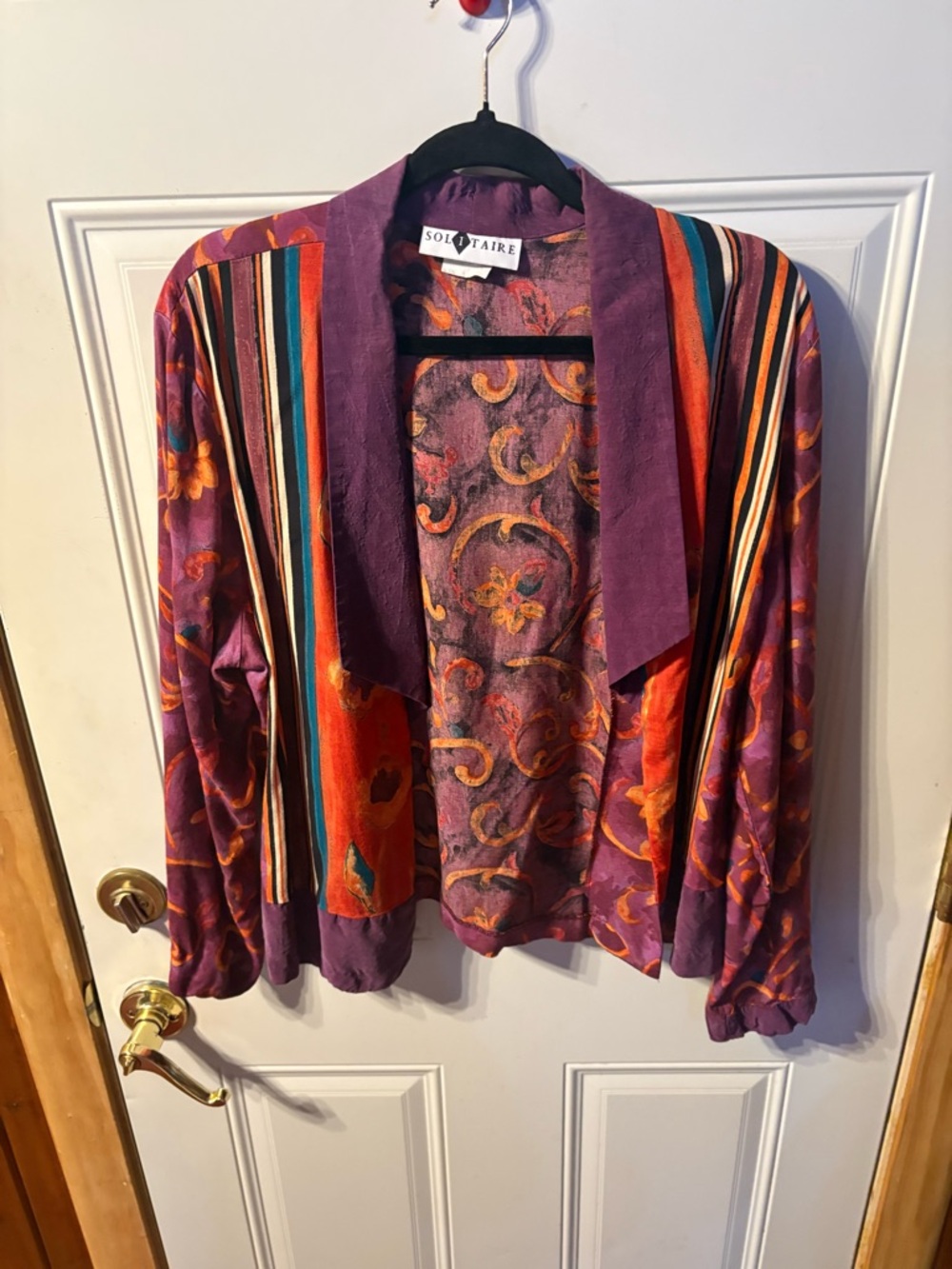 Solitaire Multicolor Purple Orange Striped Floral Jacket Open Front Lightweight